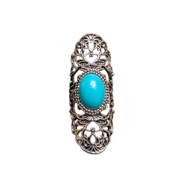 Elegant Silver Filigree Oval Turquoise Boho Statement Ring Size 10 - Picture 1 of 5